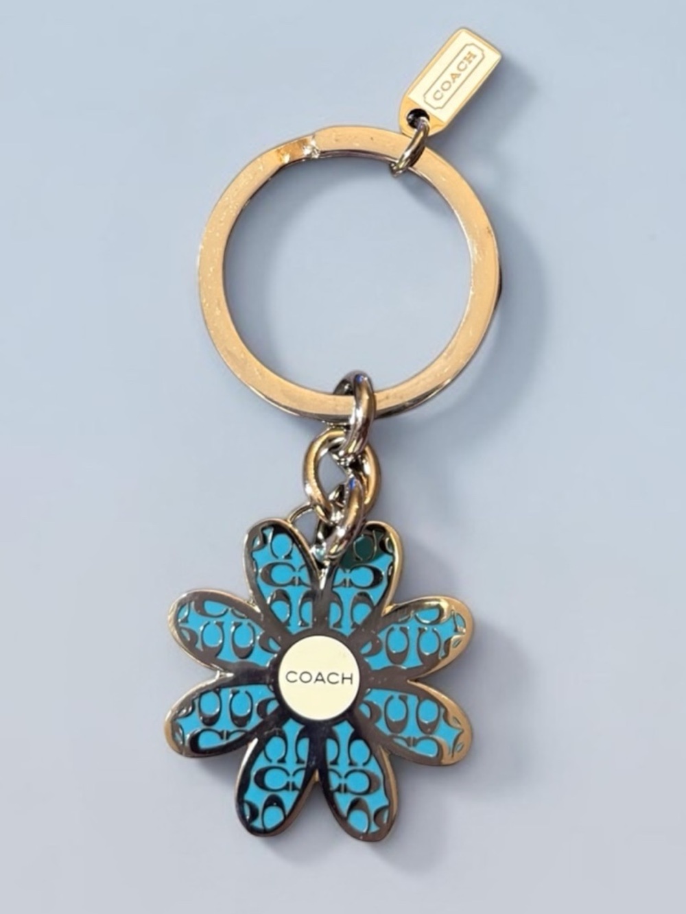 Vintage Coach Sky Blue Enamel Daisy Keychain